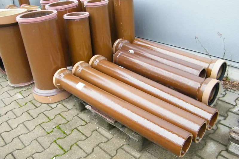 Stacks of glazed brown clay sewer pipes with bell ends on a pallet