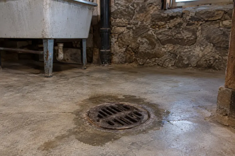 A round floor drain grate in the concrete floor of an old basement with a stone wall behind