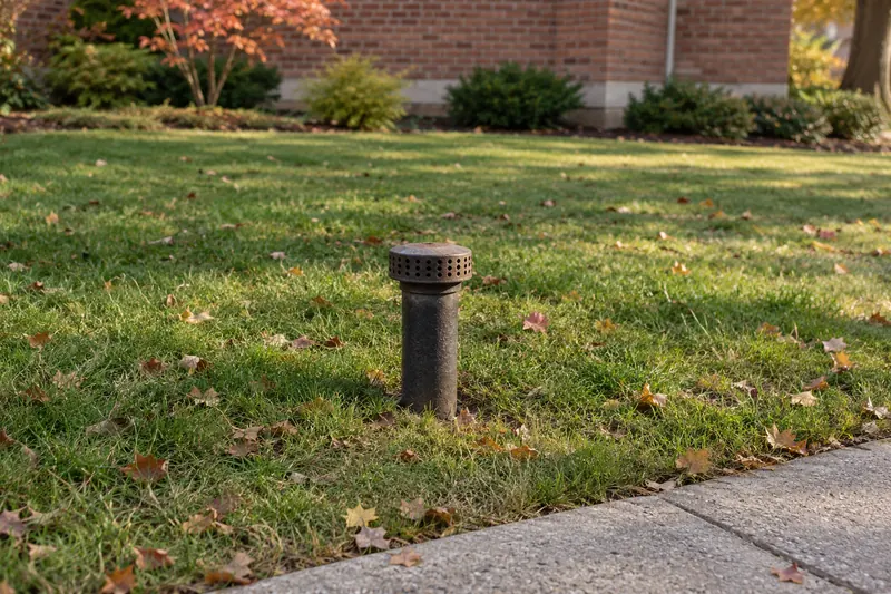 A short vent pipe with a perforated cap standing in a front lawn, a few feet from the walk